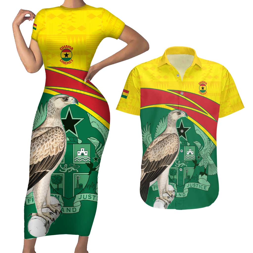 Custom Ghana Cricket Couples Matching Short Sleeve Bodycon Dress and Hawaiian Shirt Go Ghanaian Tawny Eagle