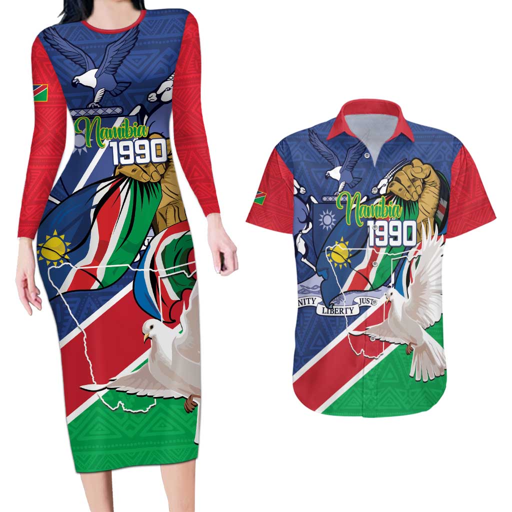 Namibia 1990 Couples Matching Long Sleeve Bodycon Dress and Hawaiian Shirt Independence Anniversary African Pattern