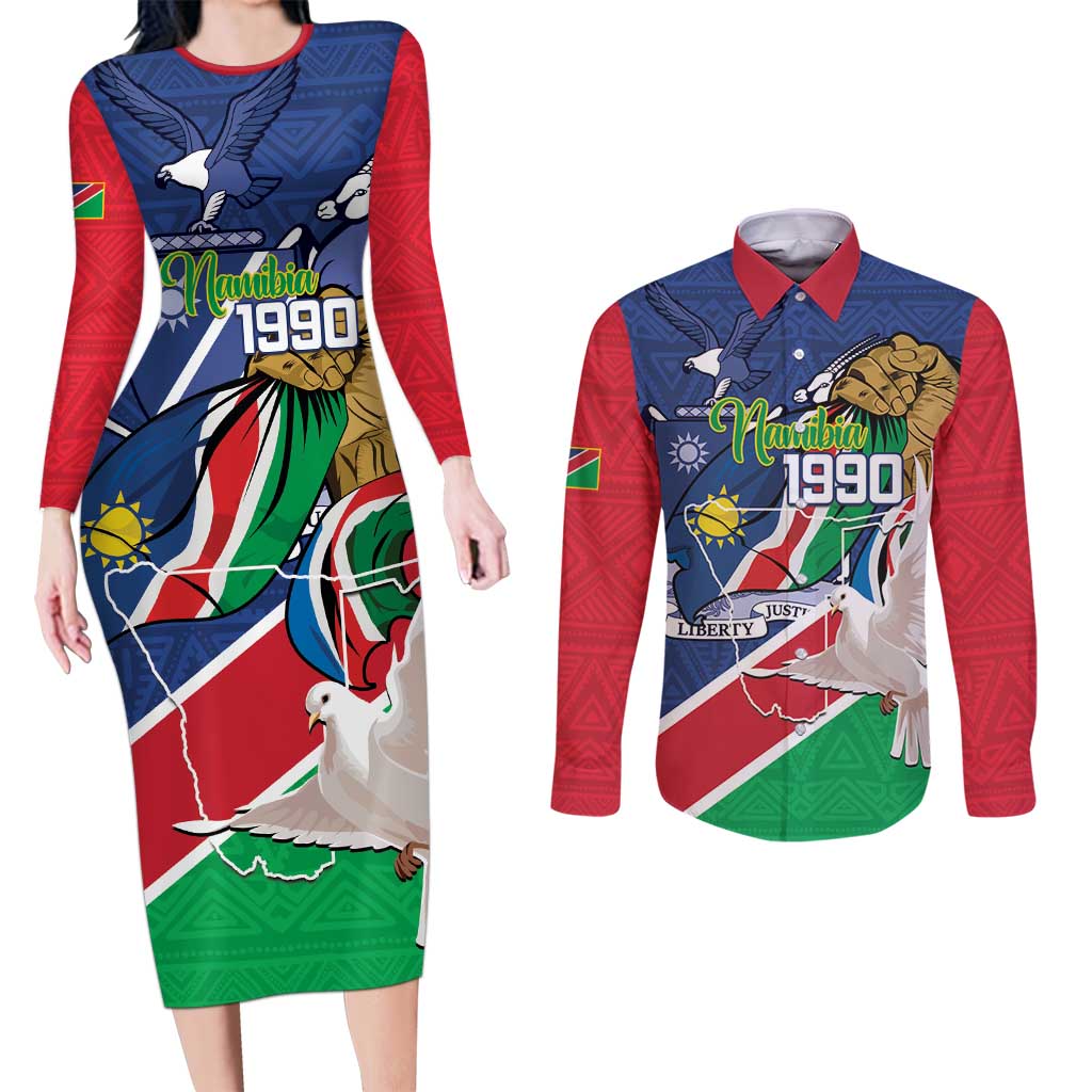 Namibia 1990 Couples Matching Long Sleeve Bodycon Dress and Long Sleeve Button Shirt Independence Anniversary African Pattern