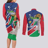Namibia 1990 Couples Matching Long Sleeve Bodycon Dress and Long Sleeve Button Shirt Independence Anniversary African Pattern
