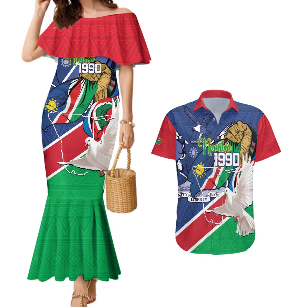 Namibia 1990 Couples Matching Mermaid Dress and Hawaiian Shirt Independence Anniversary African Pattern