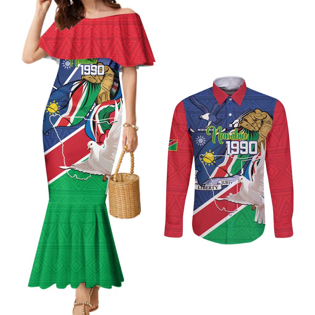 Namibia 1990 Couples Matching Mermaid Dress and Long Sleeve Button Shirt Independence Anniversary African Pattern