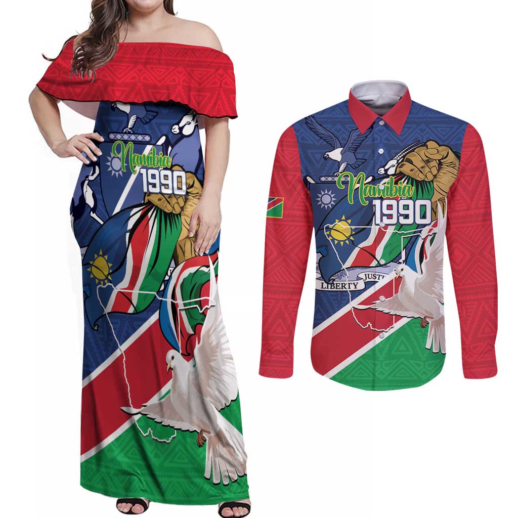 Namibia 1990 Couples Matching Off Shoulder Maxi Dress and Long Sleeve Button Shirt Independence Anniversary African Pattern