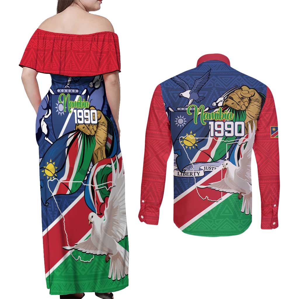 Namibia 1990 Couples Matching Off Shoulder Maxi Dress and Long Sleeve Button Shirt Independence Anniversary African Pattern