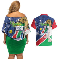 Namibia 1990 Couples Matching Off Shoulder Short Dress and Hawaiian Shirt Independence Anniversary African Pattern
