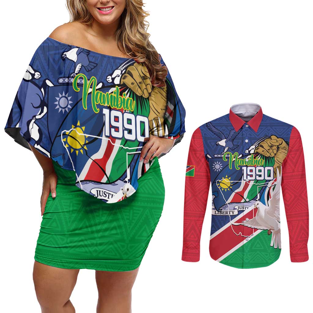 Namibia 1990 Couples Matching Off Shoulder Short Dress and Long Sleeve Button Shirt Independence Anniversary African Pattern