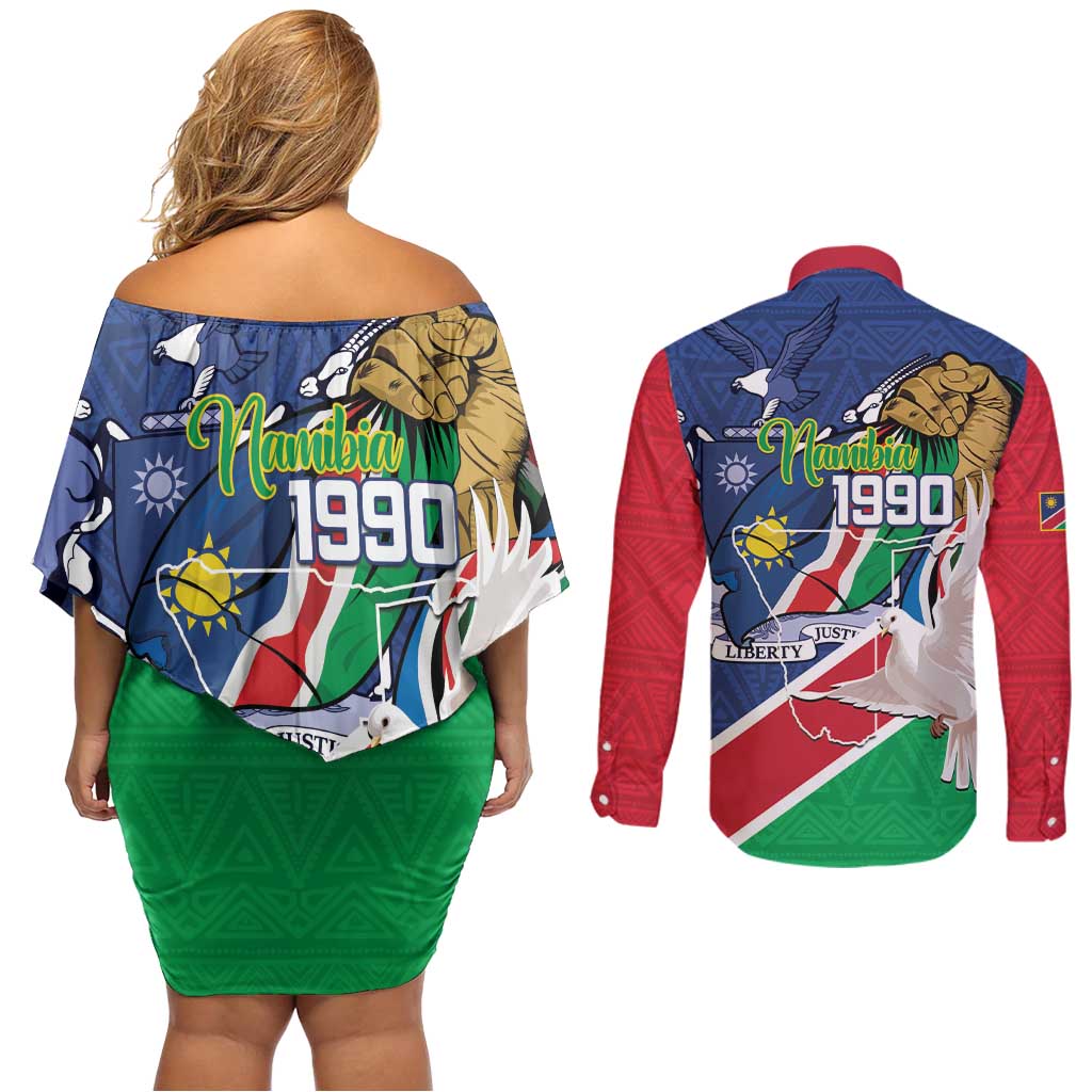Namibia 1990 Couples Matching Off Shoulder Short Dress and Long Sleeve Button Shirt Independence Anniversary African Pattern