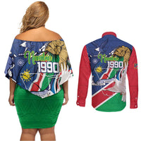 Namibia 1990 Couples Matching Off Shoulder Short Dress and Long Sleeve Button Shirt Independence Anniversary African Pattern