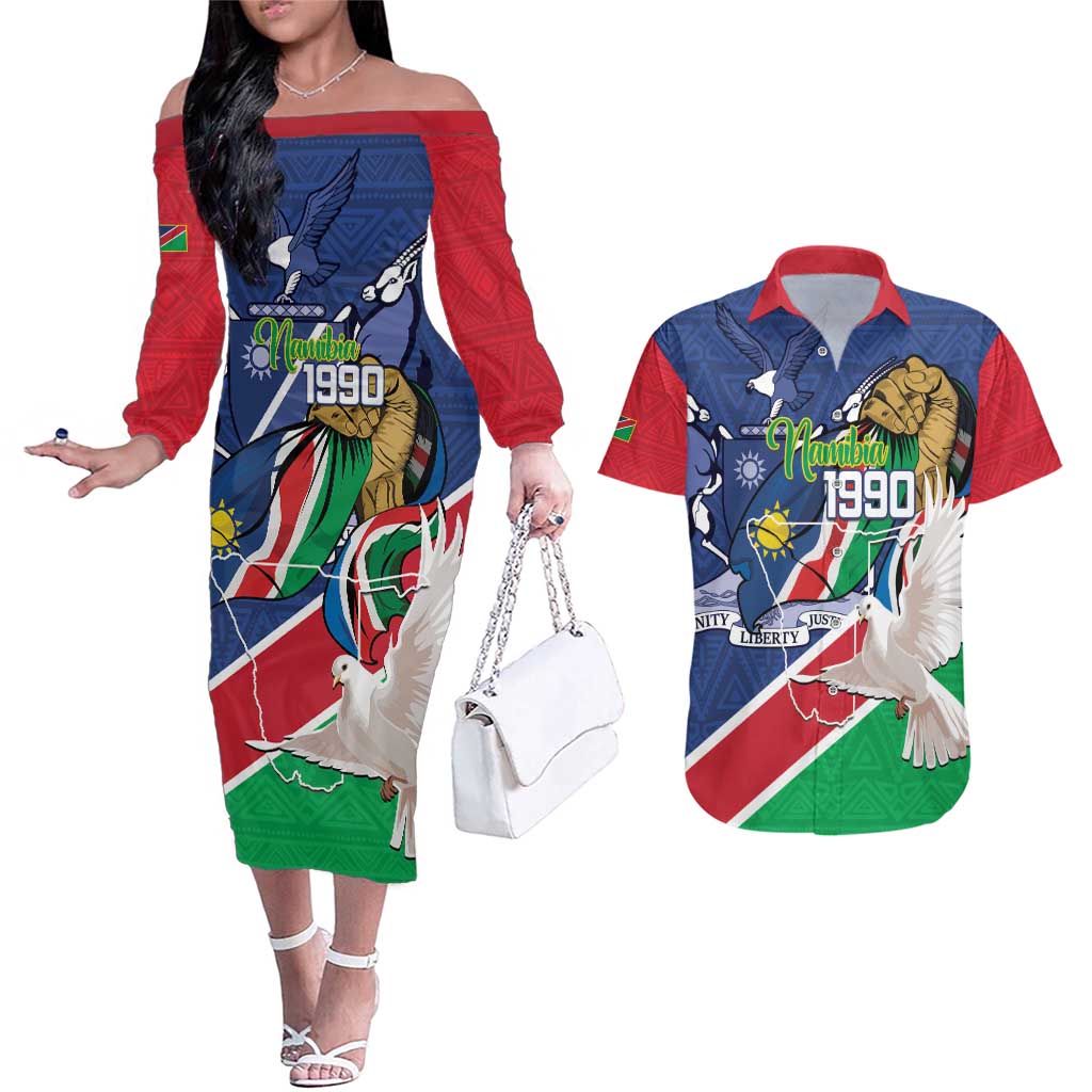 Namibia 1990 Couples Matching Off The Shoulder Long Sleeve Dress and Hawaiian Shirt Independence Anniversary African Pattern
