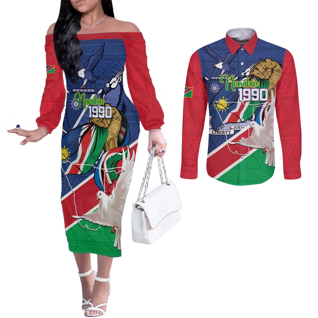 Namibia 1990 Couples Matching Off The Shoulder Long Sleeve Dress and Long Sleeve Button Shirt Independence Anniversary African Pattern