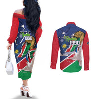 Namibia 1990 Couples Matching Off The Shoulder Long Sleeve Dress and Long Sleeve Button Shirt Independence Anniversary African Pattern