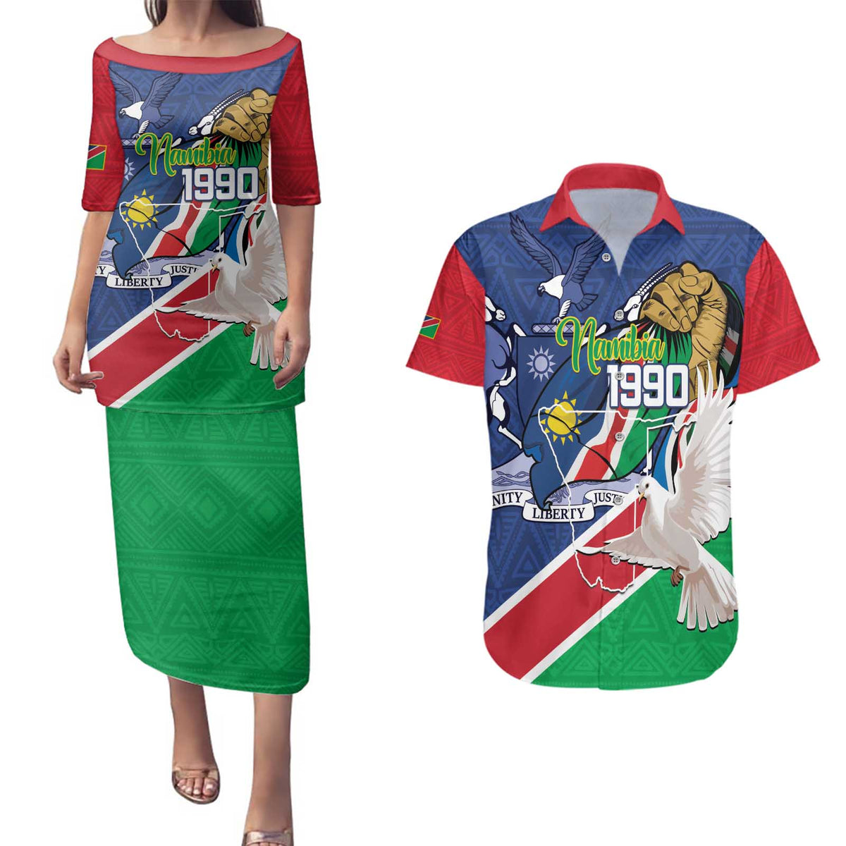 Namibia 1990 Couples Matching Puletasi and Hawaiian Shirt Independence Anniversary African Pattern