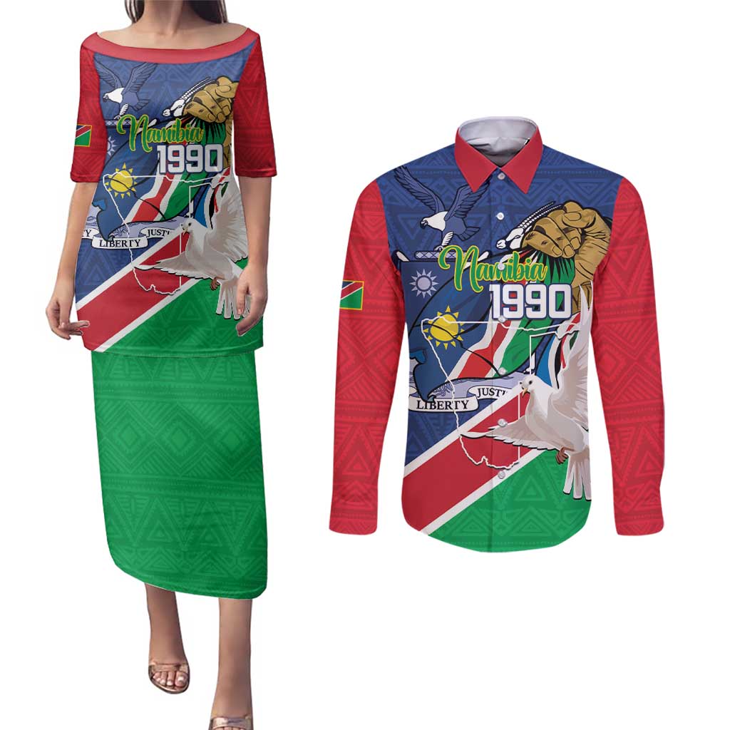 Namibia 1990 Couples Matching Puletasi and Long Sleeve Button Shirt Independence Anniversary African Pattern