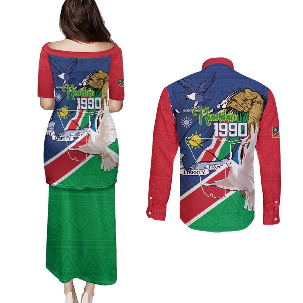 Namibia 1990 Couples Matching Puletasi and Long Sleeve Button Shirt Independence Anniversary African Pattern