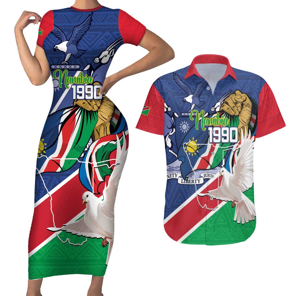 Namibia 1990 Couples Matching Short Sleeve Bodycon Dress and Hawaiian Shirt Independence Anniversary African Pattern