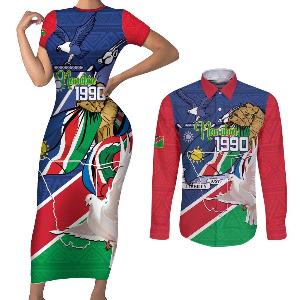 Namibia 1990 Couples Matching Short Sleeve Bodycon Dress and Long Sleeve Button Shirt Independence Anniversary African Pattern