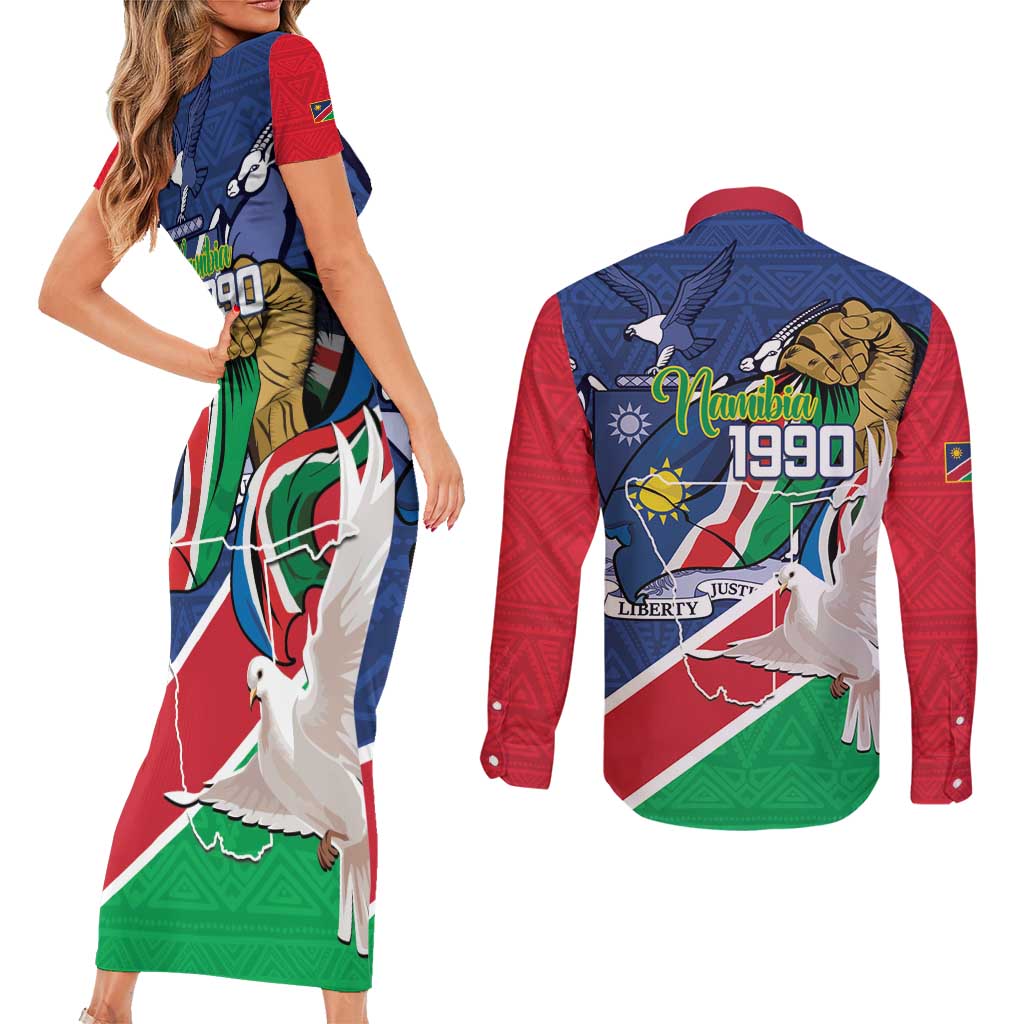 Namibia 1990 Couples Matching Short Sleeve Bodycon Dress and Long Sleeve Button Shirt Independence Anniversary African Pattern