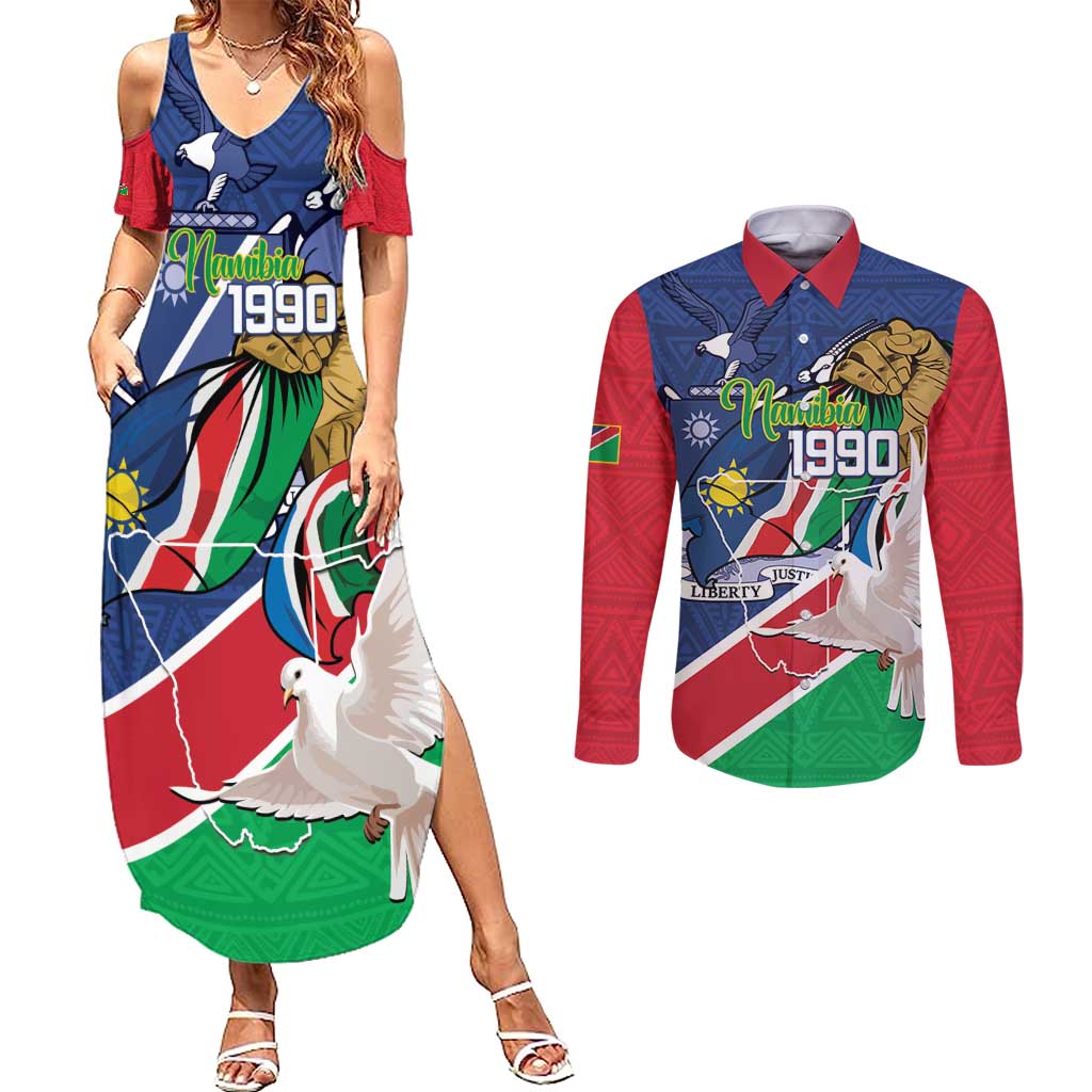 Namibia 1990 Couples Matching Summer Maxi Dress and Long Sleeve Button Shirt Independence Anniversary African Pattern