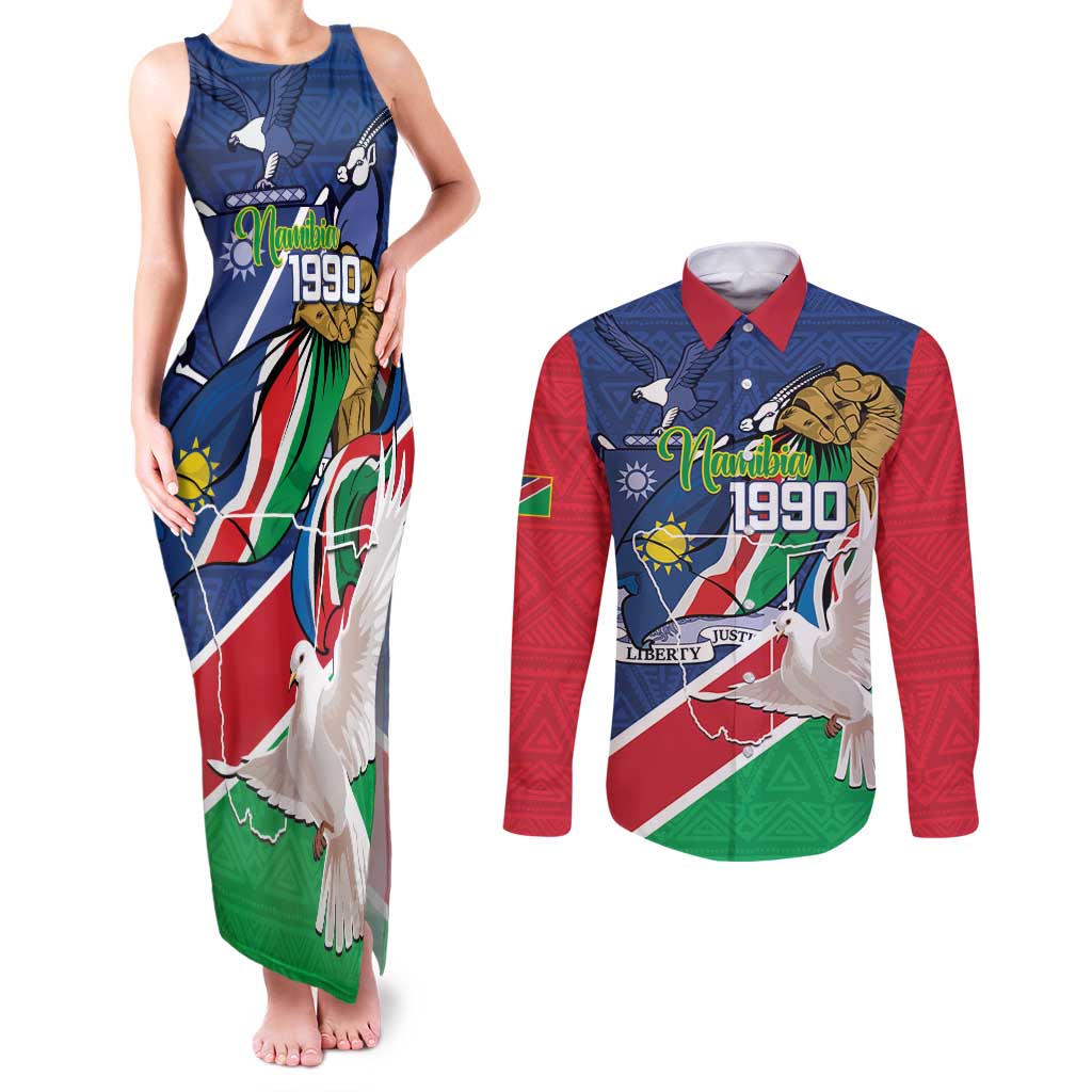 Namibia 1990 Couples Matching Tank Maxi Dress and Long Sleeve Button Shirt Independence Anniversary African Pattern