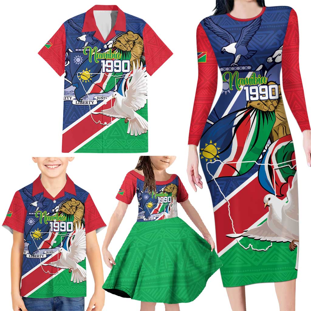 Namibia 1990 Family Matching Long Sleeve Bodycon Dress and Hawaiian Shirt Independence Anniversary African Pattern