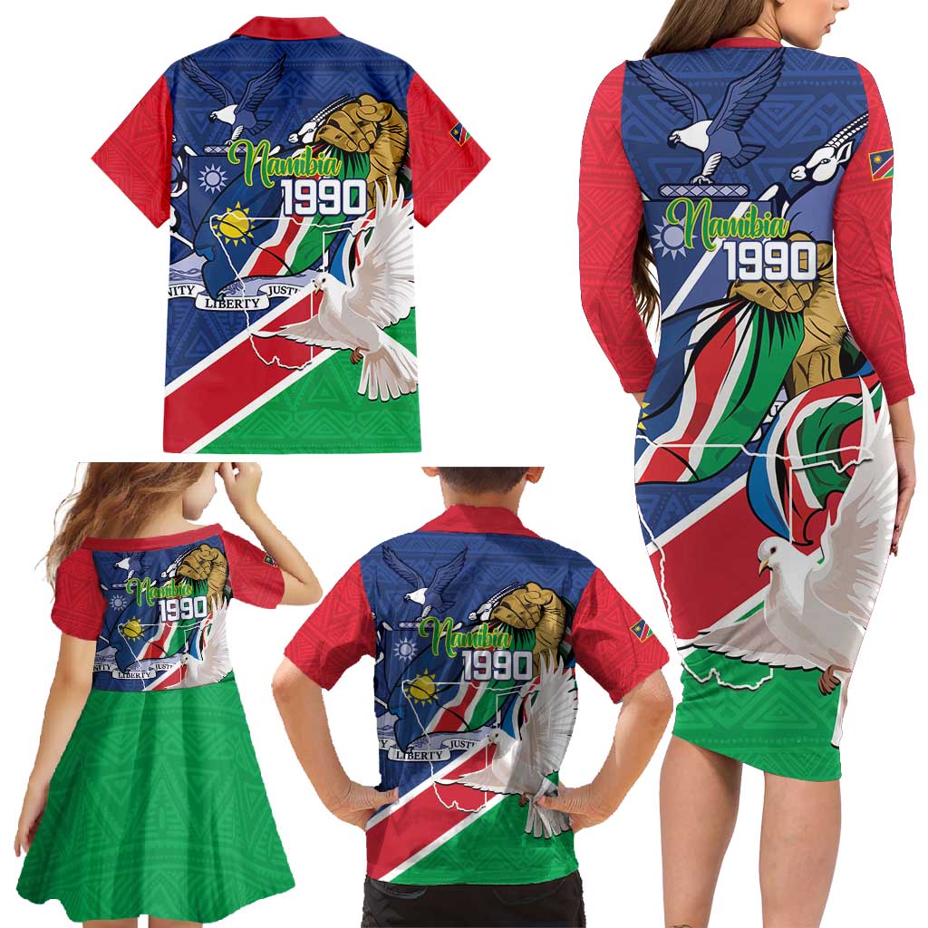 Namibia 1990 Family Matching Long Sleeve Bodycon Dress and Hawaiian Shirt Independence Anniversary African Pattern