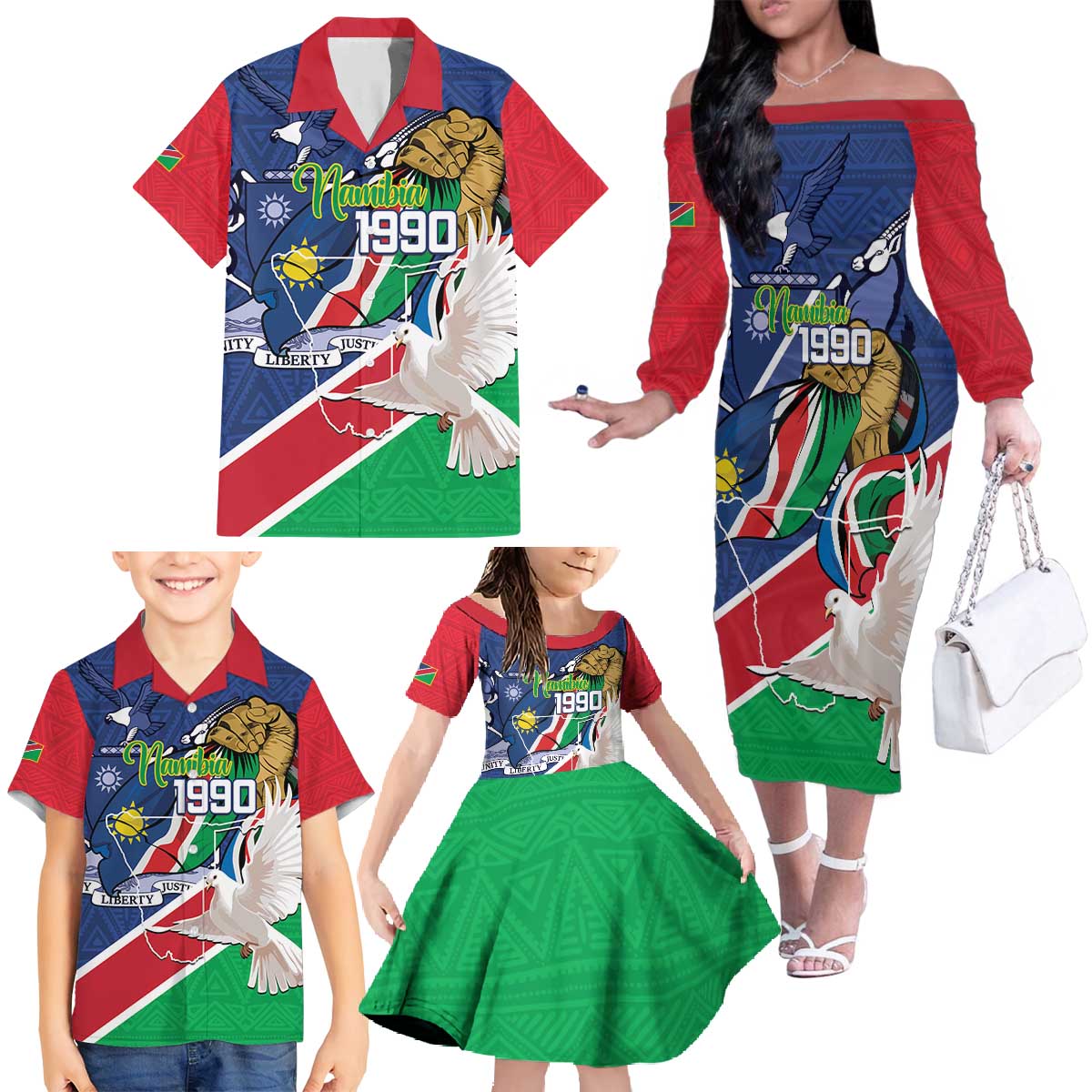 Namibia 1990 Family Matching Off The Shoulder Long Sleeve Dress and Hawaiian Shirt Independence Anniversary African Pattern