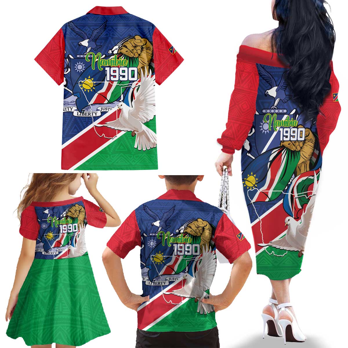 Namibia 1990 Family Matching Off The Shoulder Long Sleeve Dress and Hawaiian Shirt Independence Anniversary African Pattern