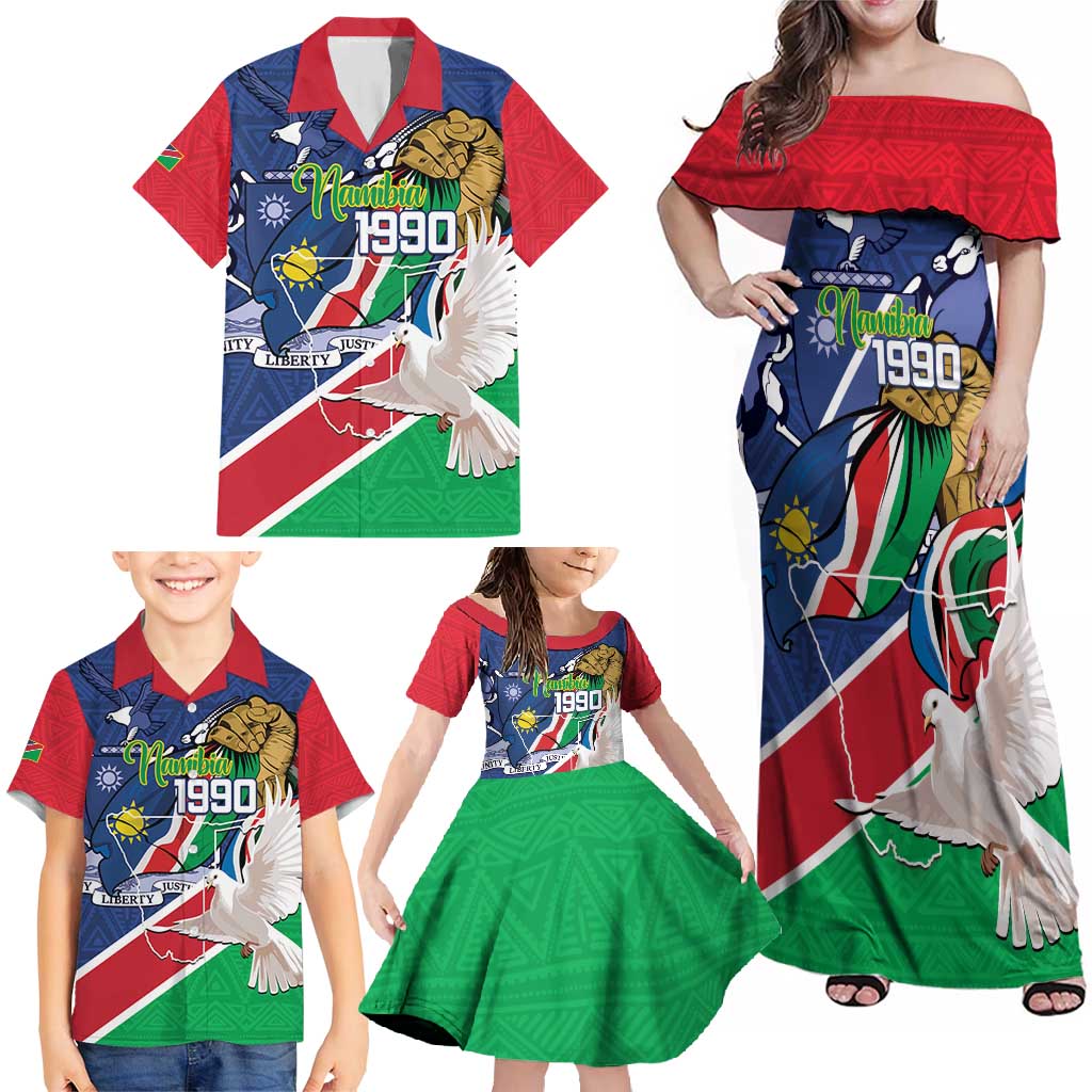Namibia 1990 Family Matching Off Shoulder Maxi Dress and Hawaiian Shirt Independence Anniversary African Pattern