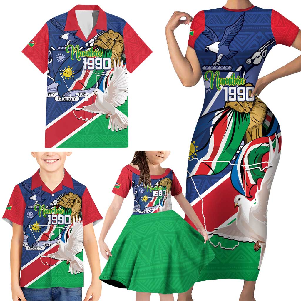 Namibia 1990 Family Matching Short Sleeve Bodycon Dress and Hawaiian Shirt Independence Anniversary African Pattern