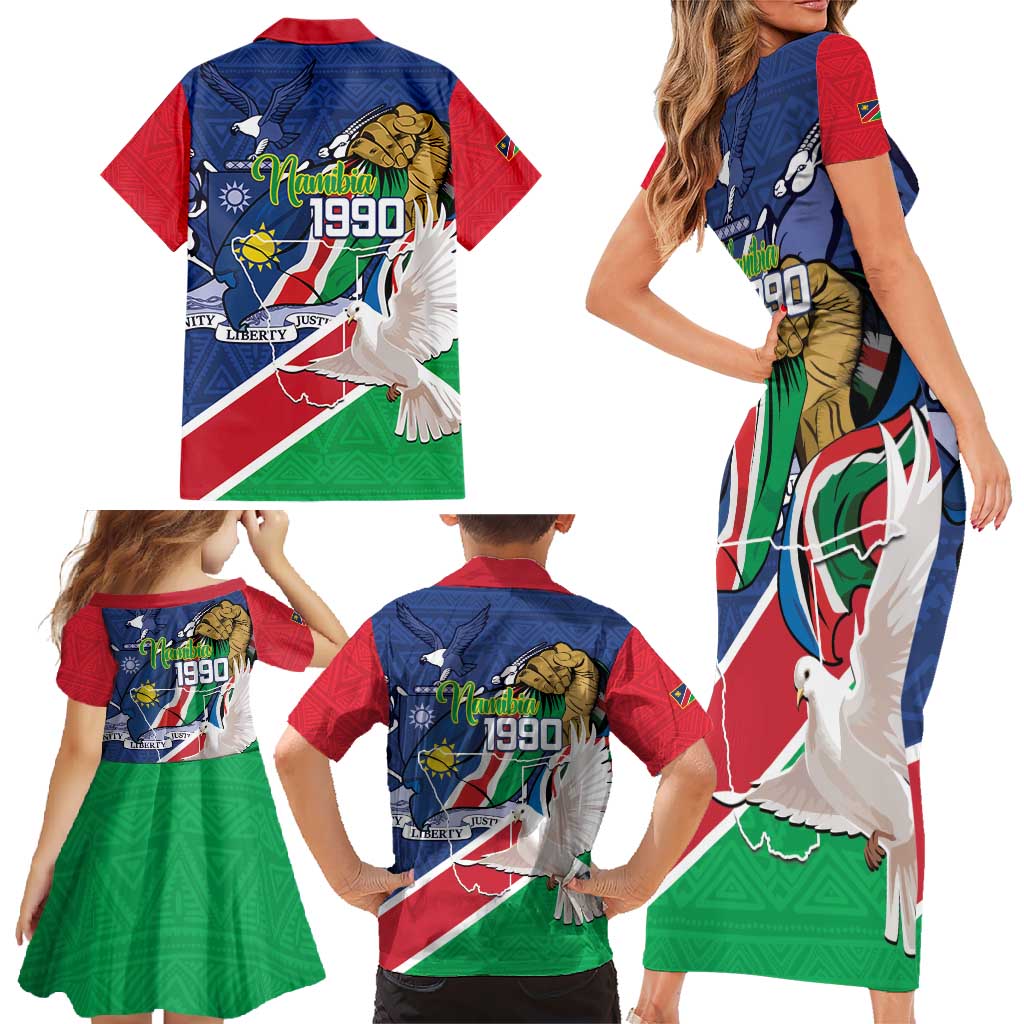 Namibia 1990 Family Matching Short Sleeve Bodycon Dress and Hawaiian Shirt Independence Anniversary African Pattern