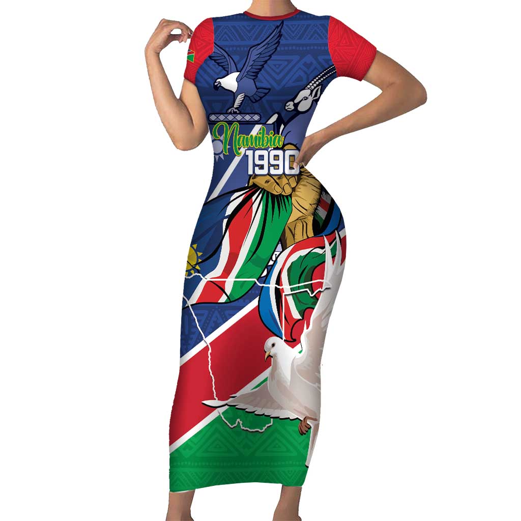 Namibia 1990 Family Matching Short Sleeve Bodycon Dress and Hawaiian Shirt Independence Anniversary African Pattern