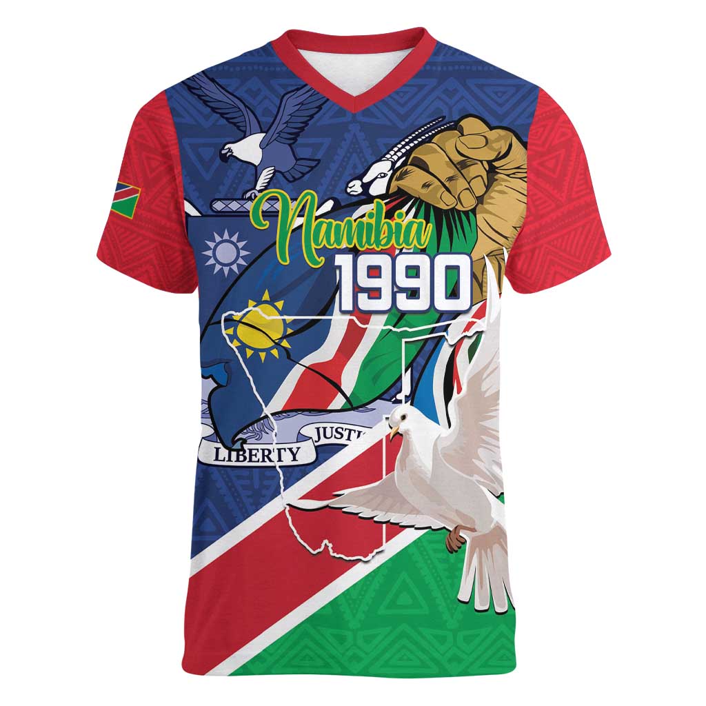 Namibia 1990 Women V-Neck T-Shirt Independence Anniversary African Pattern