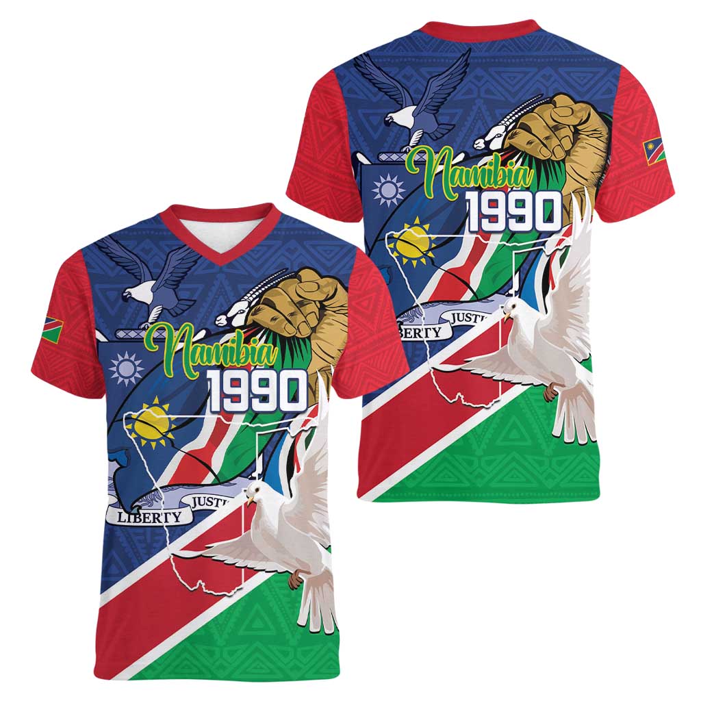 Namibia 1990 Women V-Neck T-Shirt Independence Anniversary African Pattern