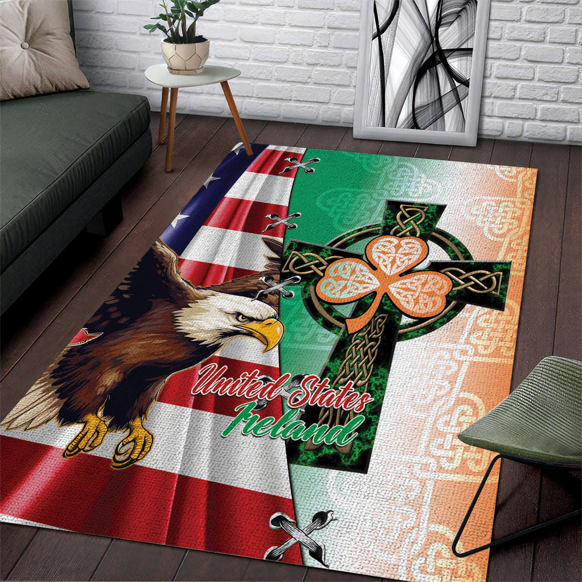 United States And Ireland Area Rug USA Eagle With Irish Celtic Cross - Wonder Print Shop