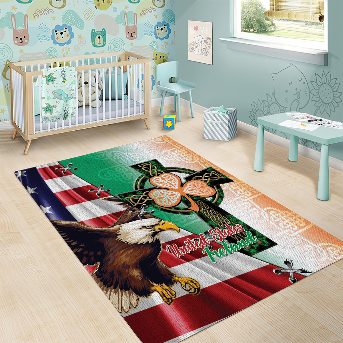 United States And Ireland Area Rug USA Eagle With Irish Celtic Cross - Wonder Print Shop