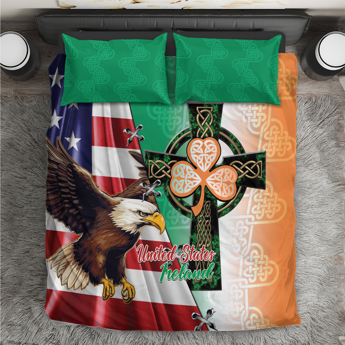United States And Ireland Bedding Set USA Eagle With Irish Celtic Cross