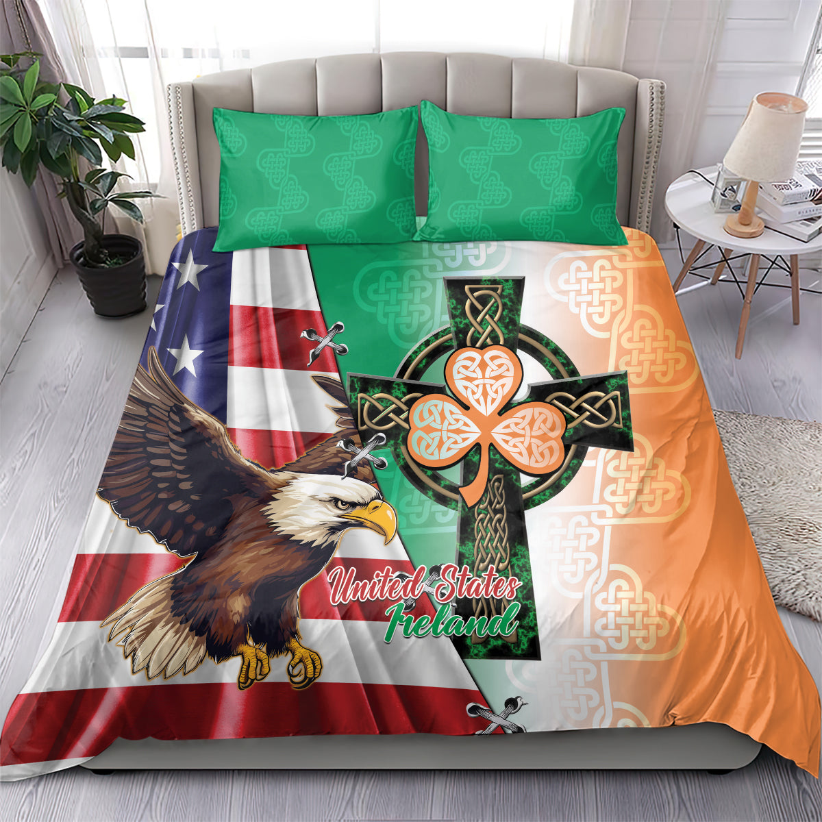 United States And Ireland Bedding Set USA Eagle With Irish Celtic Cross - Wonder Print Shop