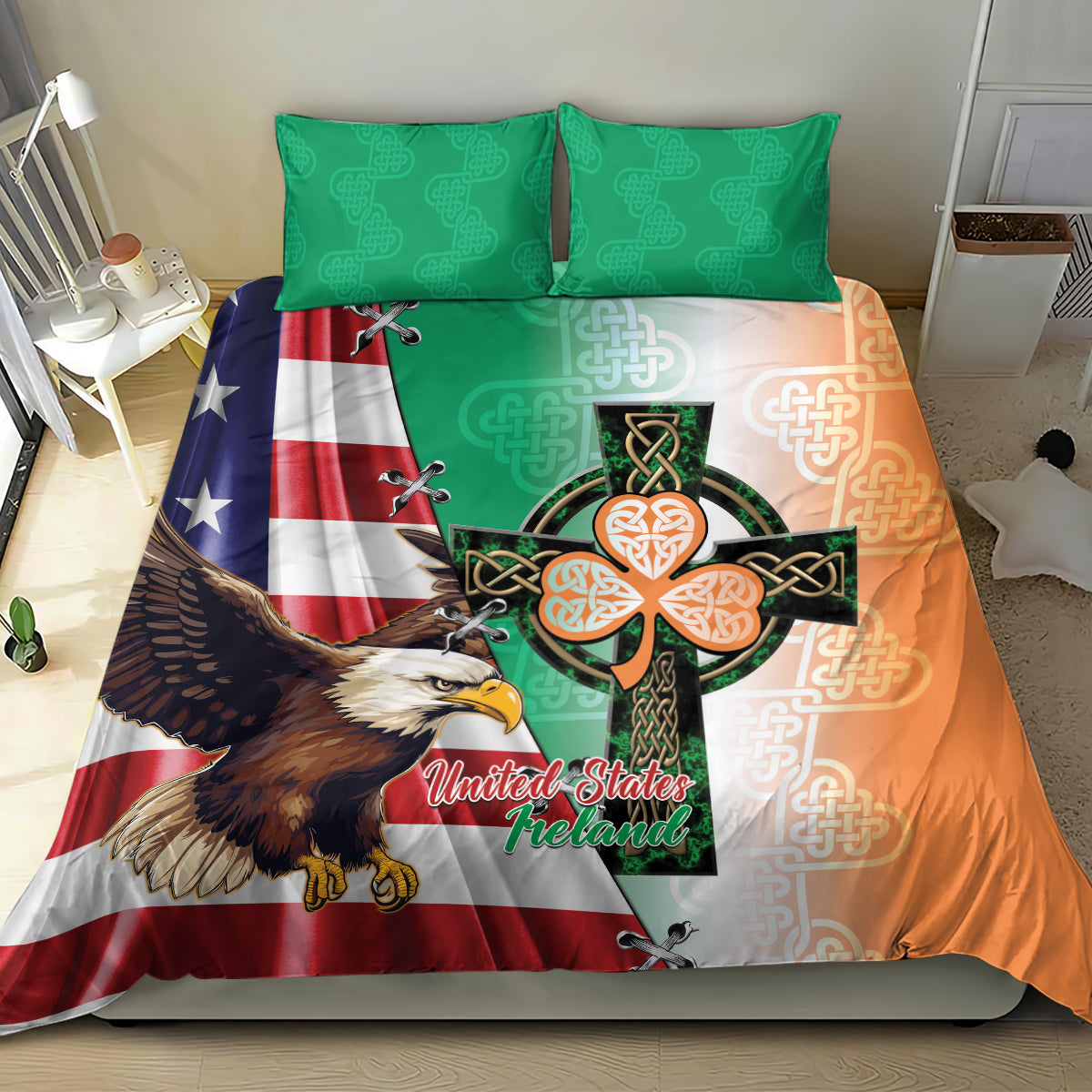 United States And Ireland Bedding Set USA Eagle With Irish Celtic Cross - Wonder Print Shop
