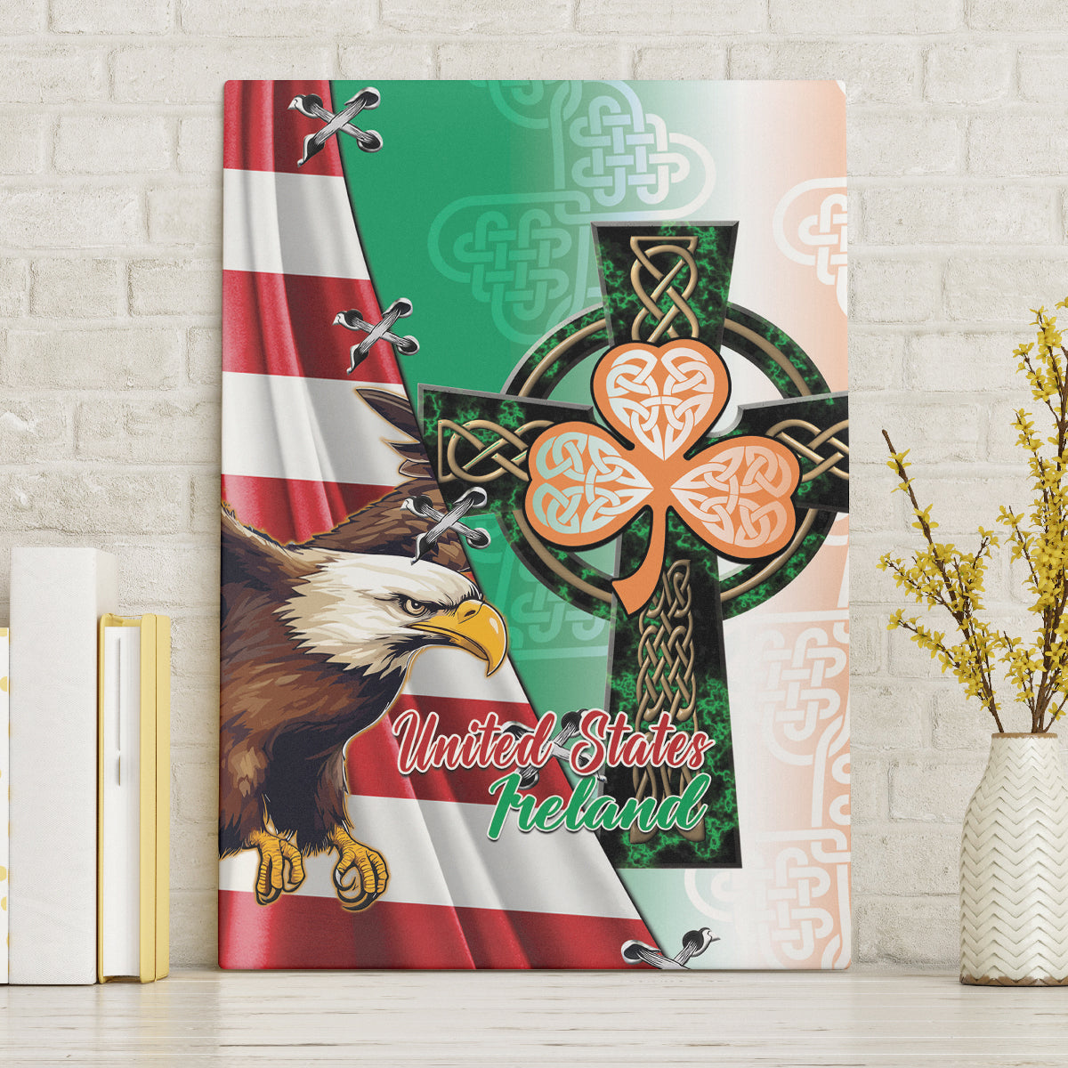 United States And Ireland Canvas Wall Art USA Eagle With Irish Celtic Cross