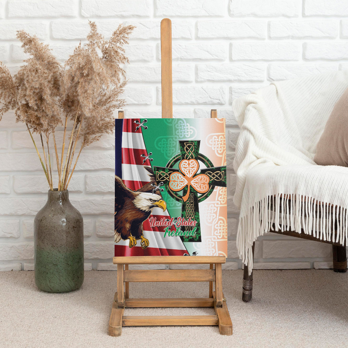 United States And Ireland Canvas Wall Art USA Eagle With Irish Celtic Cross - Wonder Print Shop