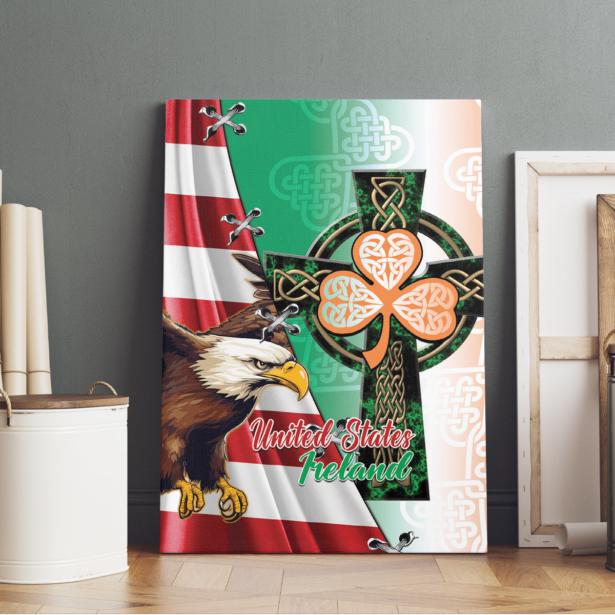 United States And Ireland Canvas Wall Art USA Eagle With Irish Celtic Cross - Wonder Print Shop