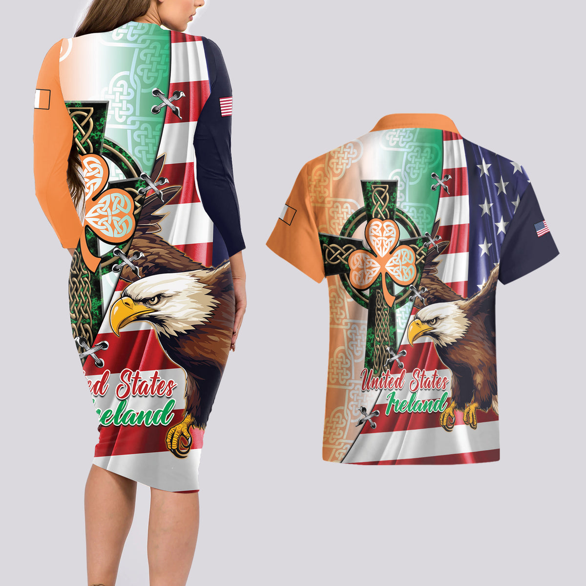 United States And Ireland Couples Matching Long Sleeve Bodycon Dress and Hawaiian Shirt USA Eagle With Irish Celtic Cross - Wonder Print Shop