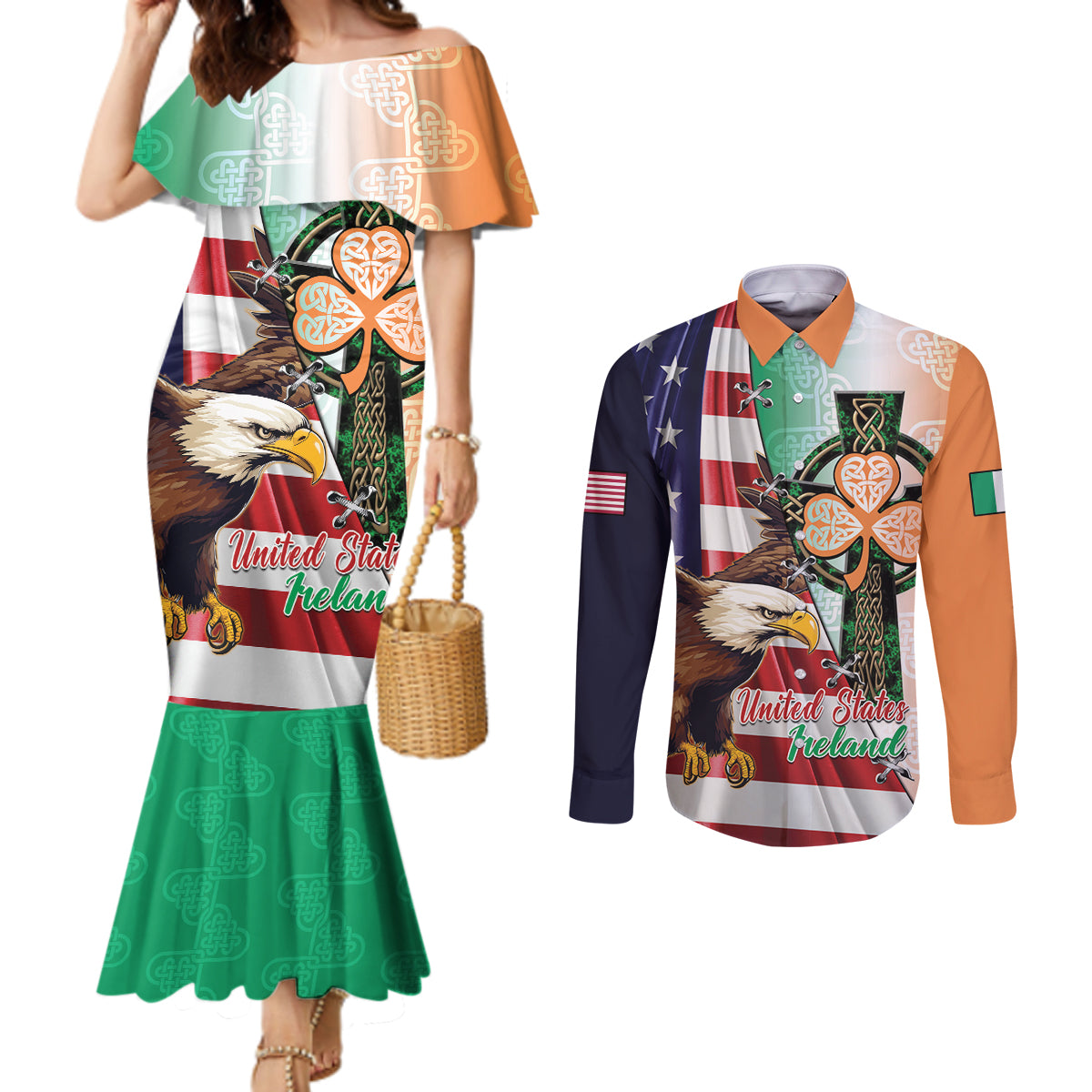 United States And Ireland Couples Matching Mermaid Dress and Long Sleeve Button Shirt USA Eagle With Irish Celtic Cross