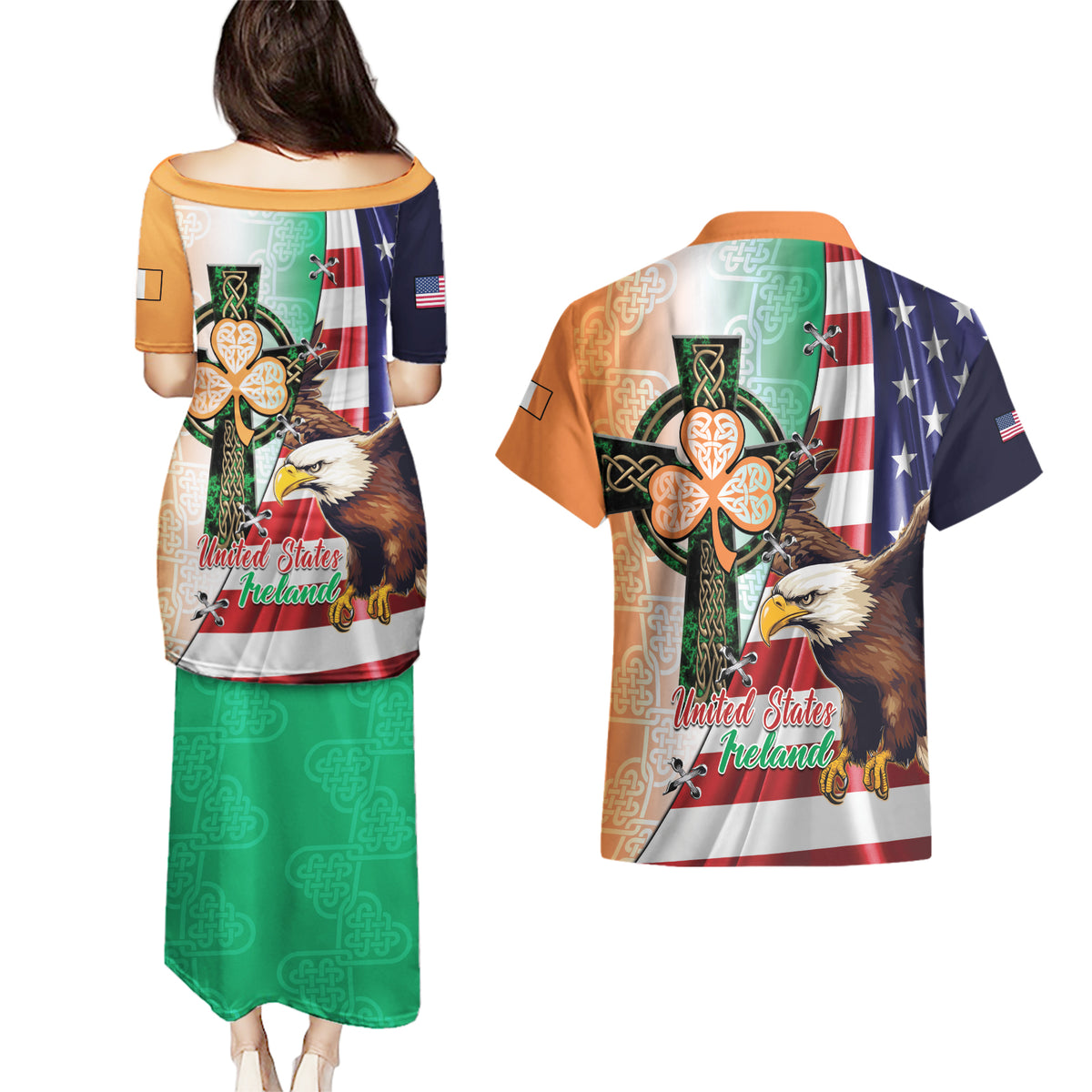 United States And Ireland Couples Matching Puletasi and Hawaiian Shirt USA Eagle With Irish Celtic Cross - Wonder Print Shop