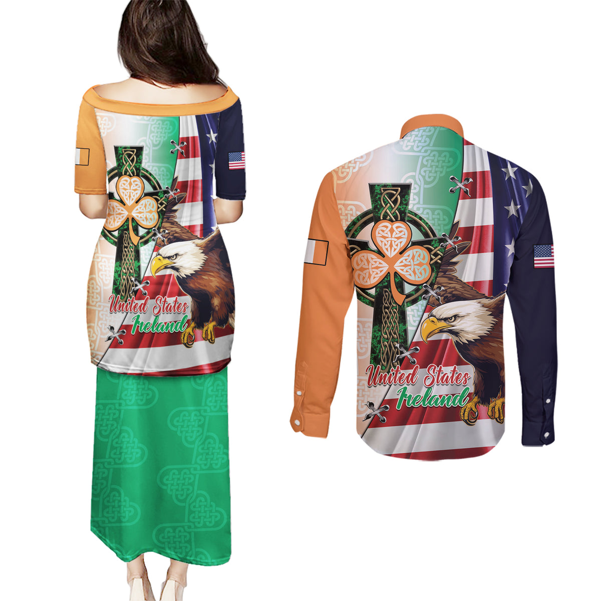 United States And Ireland Couples Matching Puletasi and Long Sleeve Button Shirt USA Eagle With Irish Celtic Cross - Wonder Print Shop