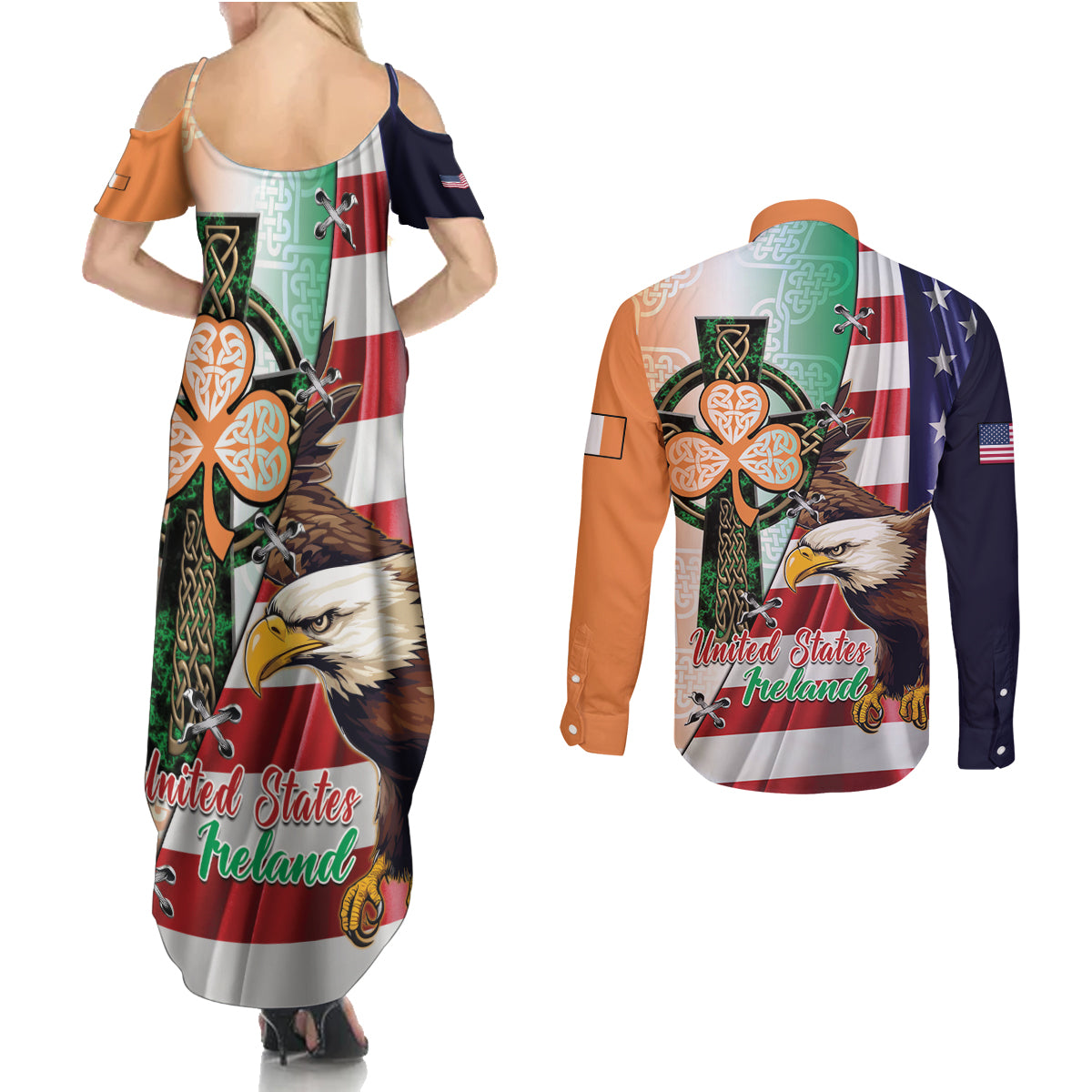 United States And Ireland Couples Matching Summer Maxi Dress and Long Sleeve Button Shirt USA Eagle With Irish Celtic Cross - Wonder Print Shop