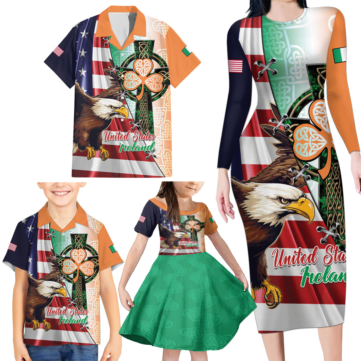 United States And Ireland Family Matching Long Sleeve Bodycon Dress and Hawaiian Shirt USA Eagle With Irish Celtic Cross - Wonder Print Shop