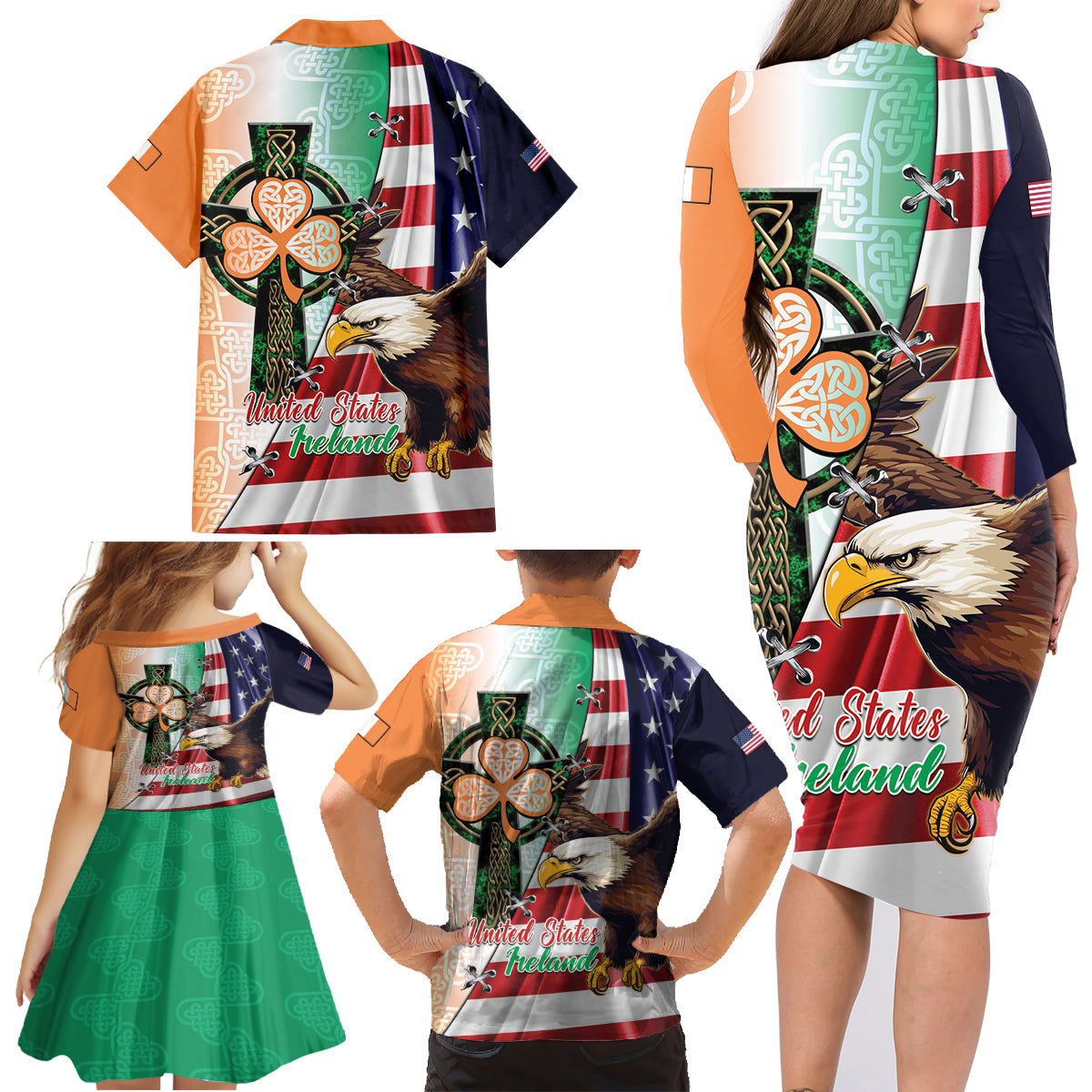 United States And Ireland Family Matching Long Sleeve Bodycon Dress and Hawaiian Shirt USA Eagle With Irish Celtic Cross - Wonder Print Shop