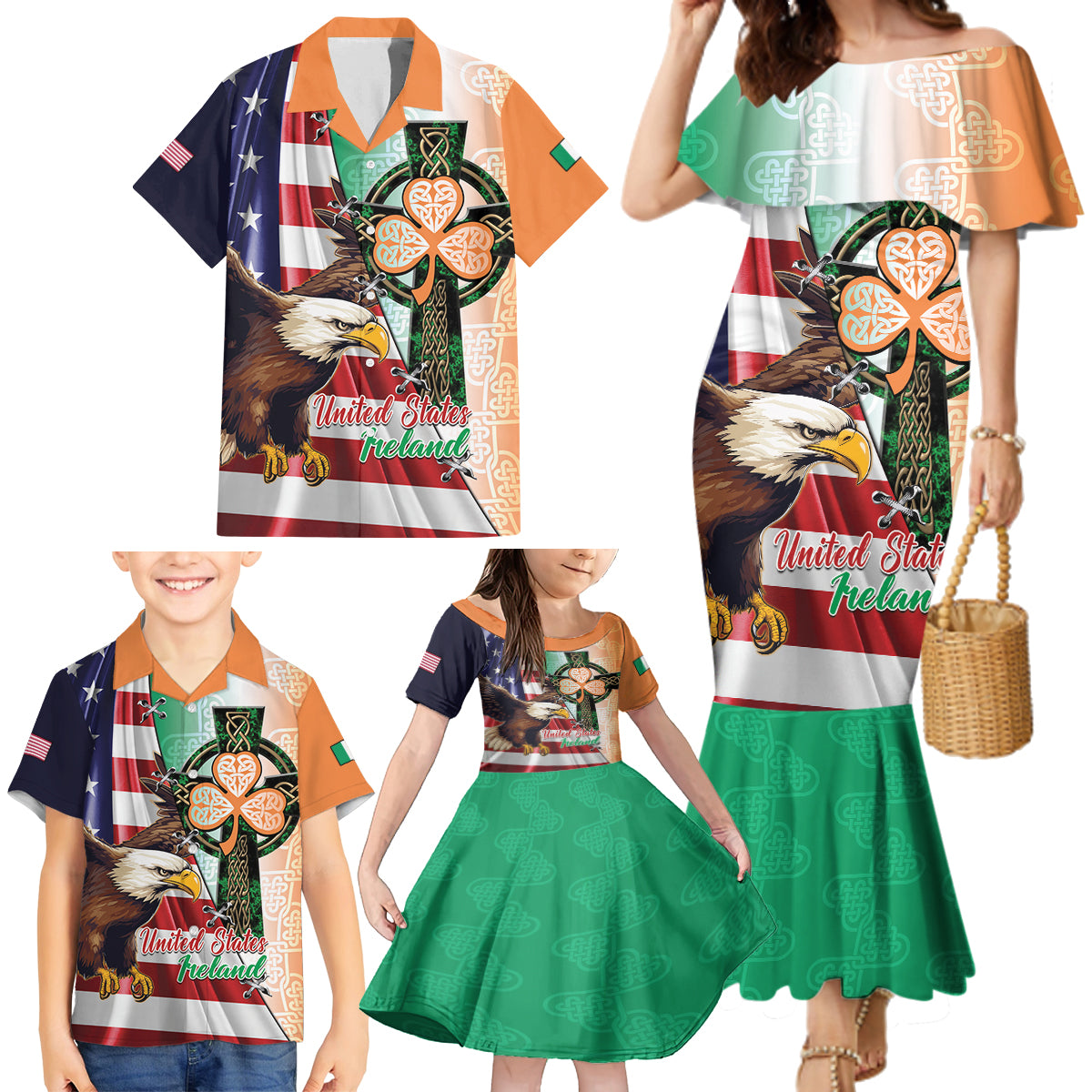 United States And Ireland Family Matching Mermaid Dress and Hawaiian Shirt USA Eagle With Irish Celtic Cross - Wonder Print Shop