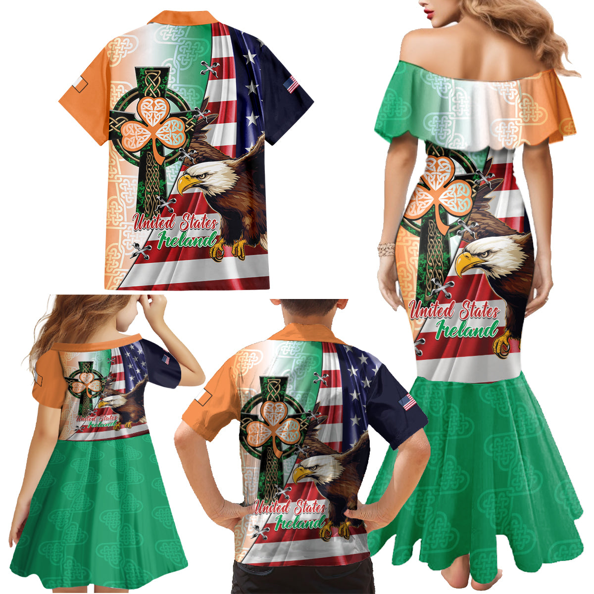 United States And Ireland Family Matching Mermaid Dress and Hawaiian Shirt USA Eagle With Irish Celtic Cross - Wonder Print Shop